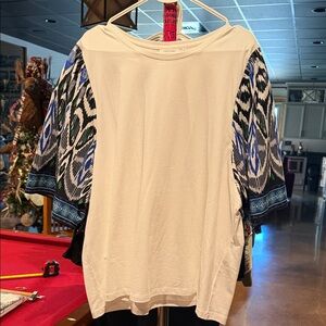 Chico's White Top with Blue and Black Patterned Sleeves